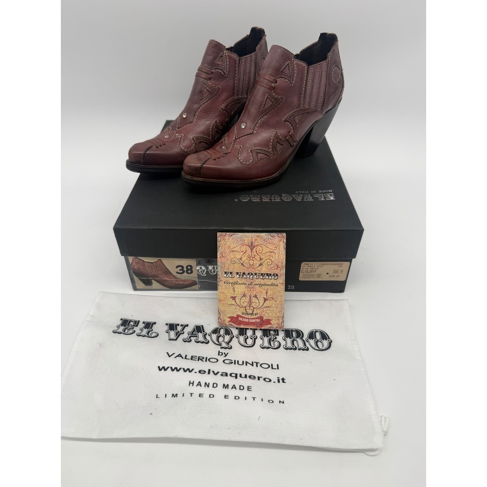 El Vaquero Ankle‎ Boots 38 Brown Leather Western Boho Heel Booties Italy